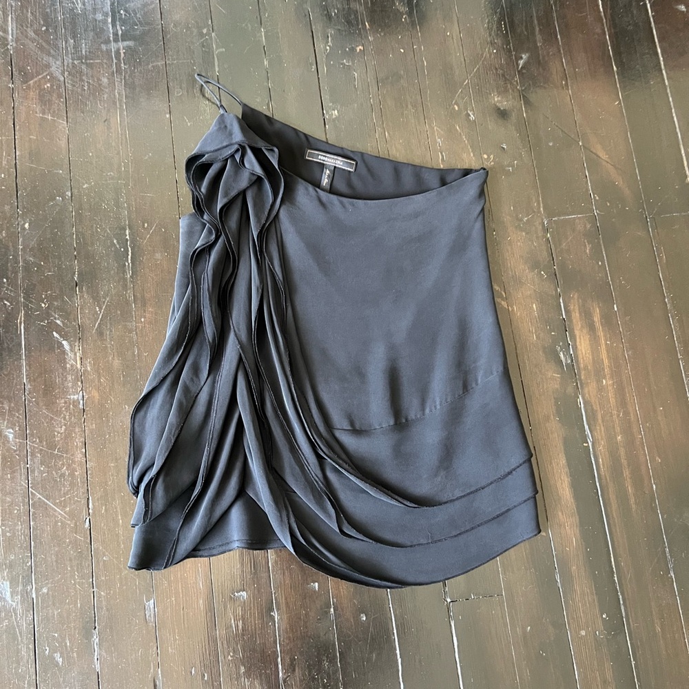 BCBG One Shoulder Black Silk Ruffle Blouse XXS